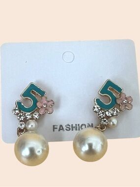 Gold plated Crystal large faux pearl No. 5 Stud Earrings - Women Jewelry
